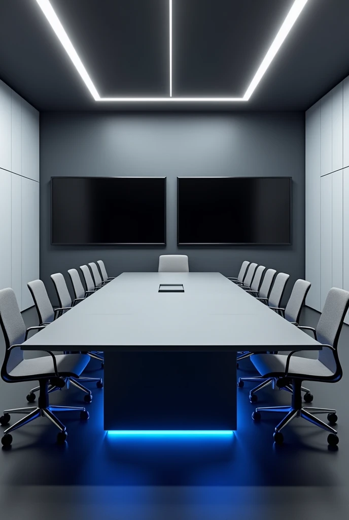 Office with 10-seat conference table in grey with white cabinets and blue lighting below, Grey and black walls and two televisions in front of the table 