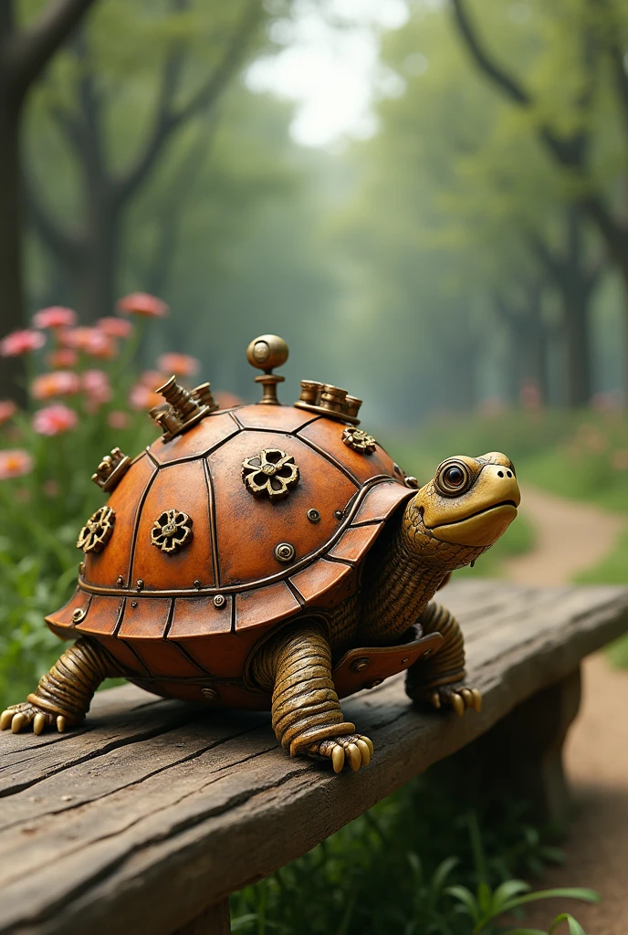 'steampunk ginger turtle sitting on a bench in a park'