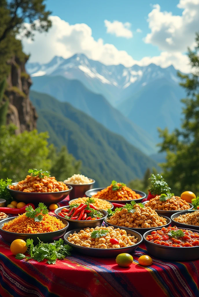Design a vertical 4K wallpaper that celebrates Peruvian cuisine and physical activity. At the bottom of the image, features a vibrant table filled with traditional Peruvian dishes such as ceviche, stir-fried loin, Lima cause, and chicken chili, decorated with fresh ingredients such as cilantro, Chili peppers and lemons. Make sure the dishes are arranged in an appetizing and colorful manner.