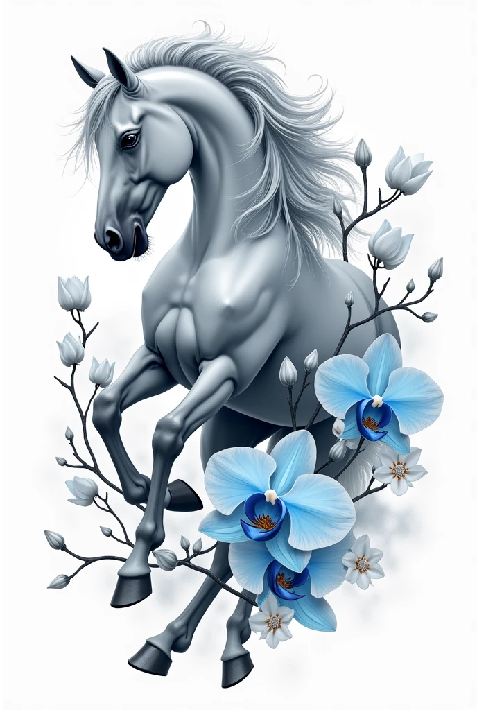 I want a unique and exclusive tattoo drawing, It should be a horse with a grey or white coat that has fuchsia-blue orchid flowers and white gardenia flowers around it.