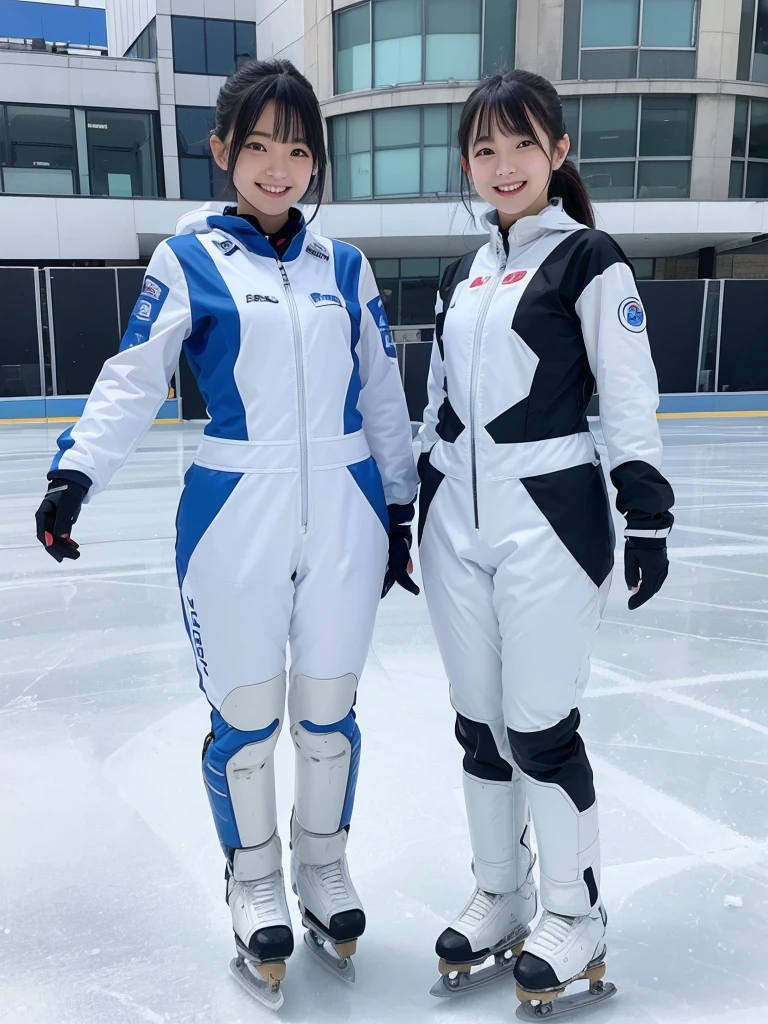 Japanese female android sisters,Black Hair,White and blue robot suit,Plump,Skating on an outdoor ice rink,smile,