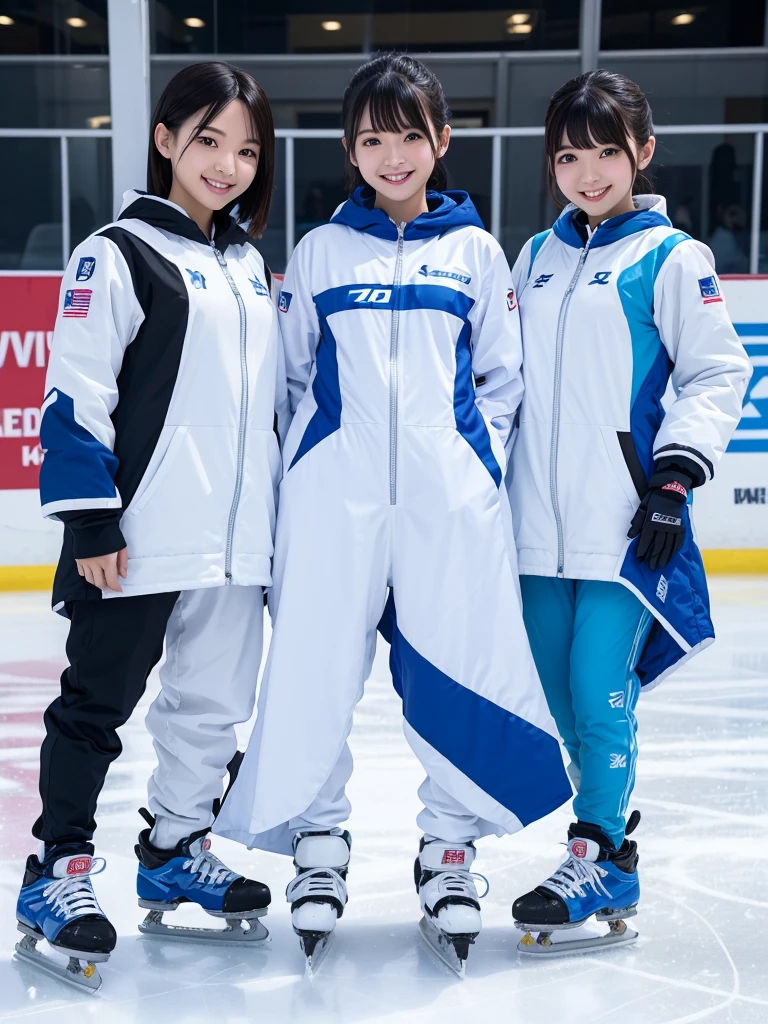 Japanese female android sisters,Black Hair,White and blue robot suit,Plump,Skating on an outdoor ice rink,smile,