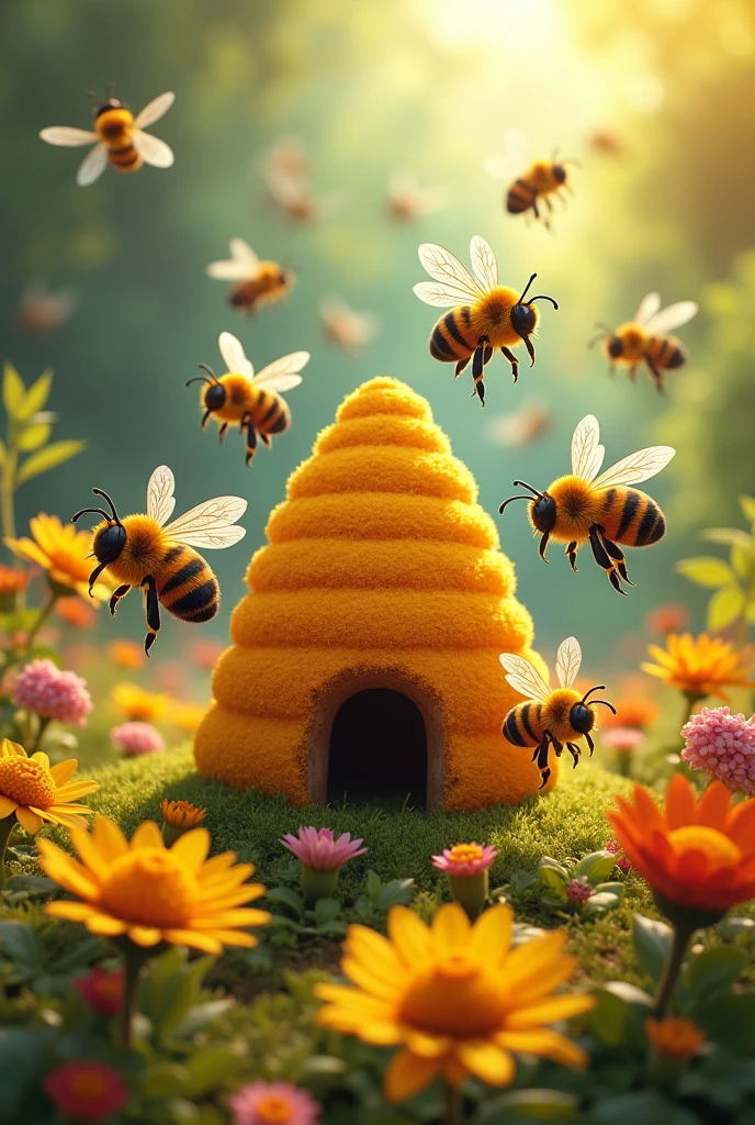 Hive full of happy bees all colorful flying over the garden.