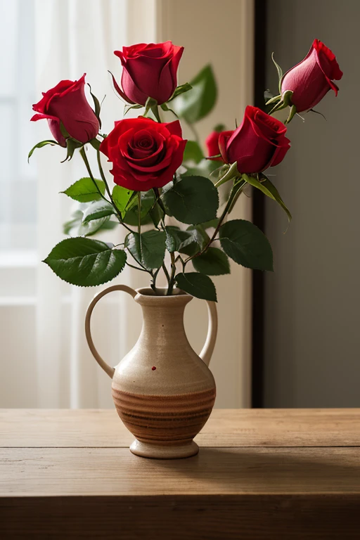 a single flower,single red rose,pottery vase