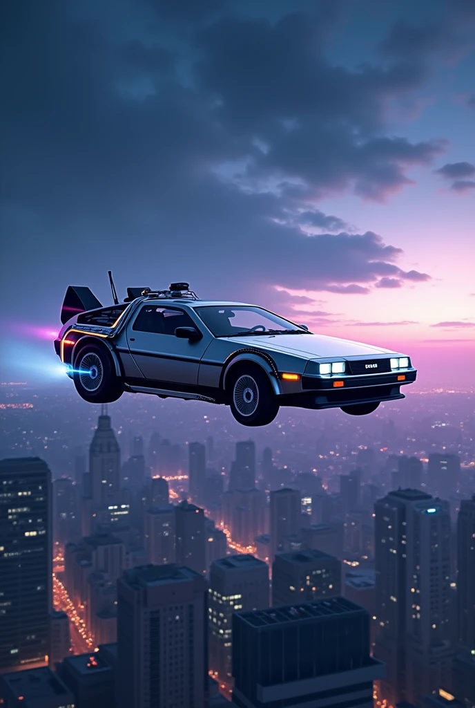 realistic photo of the flying delorean (BACK TO THE FUTURE ) Flying in the middle of the night in an epic way over a city, gradual lighting from light blue to light purple with the doors closed