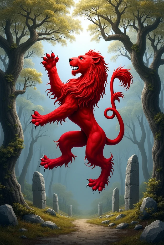 Blason de lion de gueules rampant sur fond couleur argent avec des dolmens bretons et une forêt de hêtres mystique.