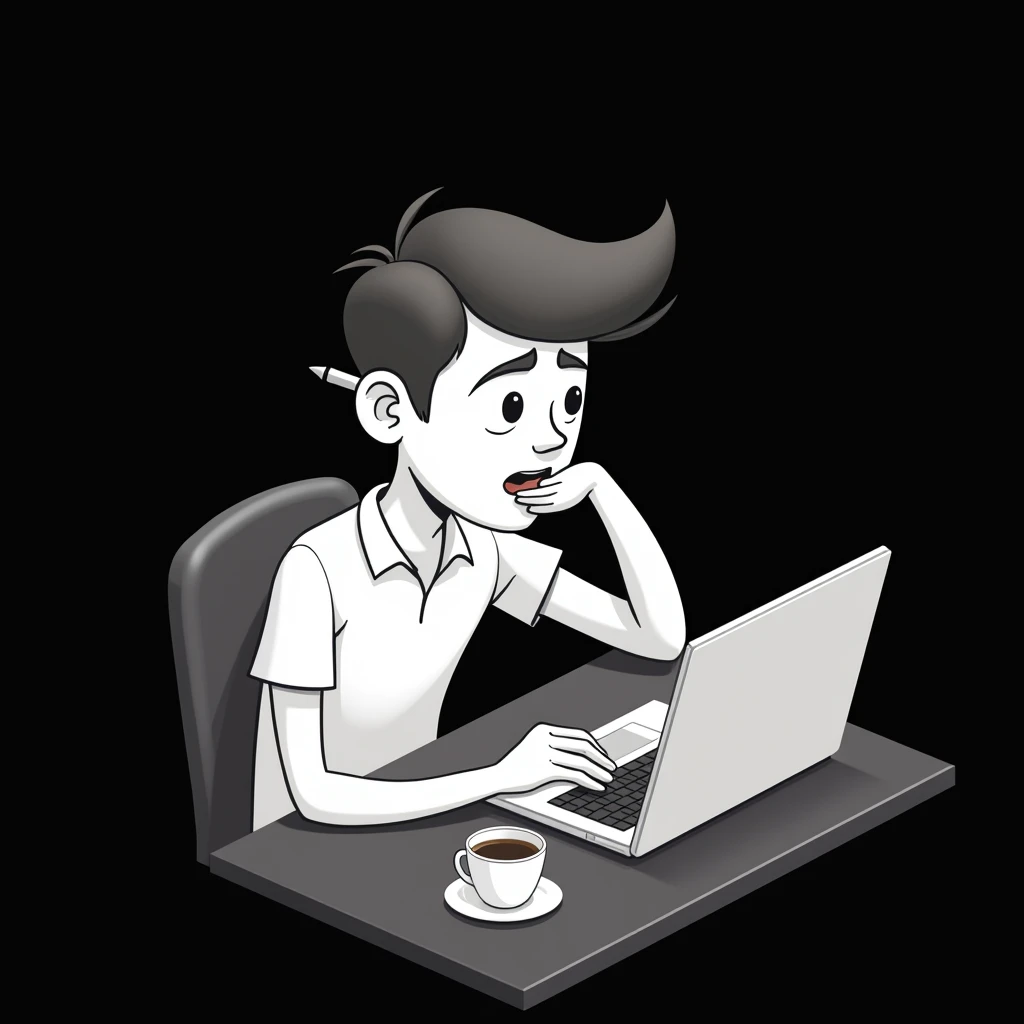 isometric design, an caricature illustration of a man working before a laptop , pen on his ear, coffee beside his laptop , biting on his tongue , minimal , uniform black background,