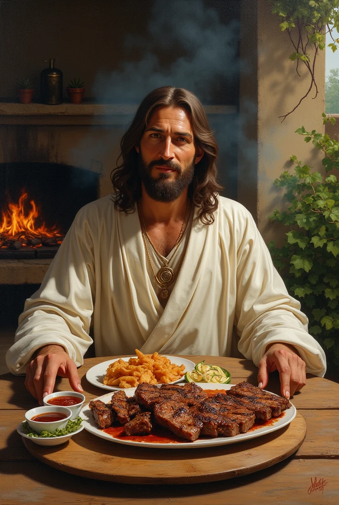 Jesus eating Uruguayan barbecue