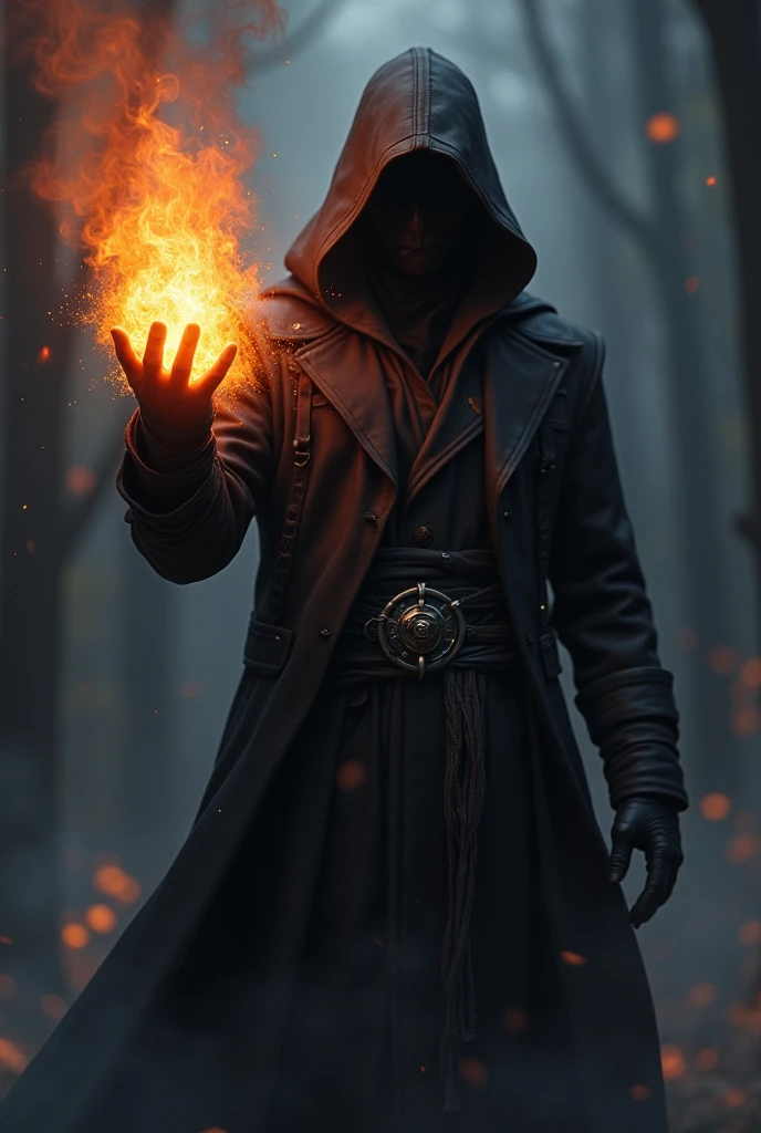 man in hood holding fire in hand game cover