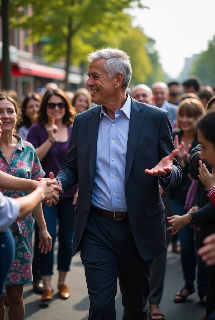A mayoral candidate walks down a busy street hugging women and children, ELDERLY.