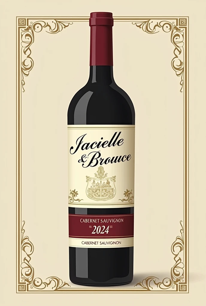 Create a classic and elegant label for Jacielle wine & Bruce 2024 in vector format, suitable for printing. Use traditional and sophisticated typography for the name "Jacielle & Bruce" my name is "2024". The design must reflect the quality and sophistication of Cabernet Sauvignon wine. Use a sober and timeless color palette, like shades of gold, burgundy and cream, to complement the color of the wine.Additional Elements: Include a delicate border or frame and a placeholder for additional winery information or tasting notes., if desired. Make sure your design is created in vector format to ensure quality and accuracy when printed..minimalism, illustration, high resolution, precise, HD Model, high qualiy, super detaill, ultra HD,