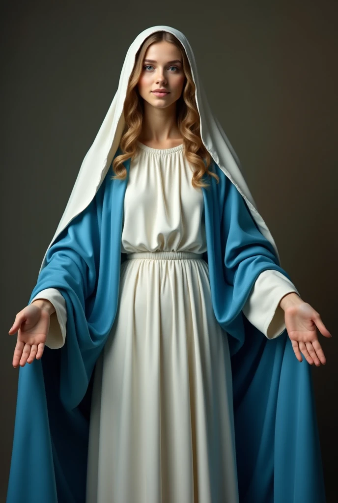 portrait of Mary mother of God, Mary, Virgin Mary, Holy Mother, Mother of Jesus, Our Lady, Our Lady of Graces, woman wearing blue cloak, with slight smile, open arms, white robes, silk fabric, cinematographic, hyper photo realistic, studio photography, frontal photo, photo shoot, cinematographic, 35mm lens, f/1.8, highlight lighting, global illumination --uplight -- v 4