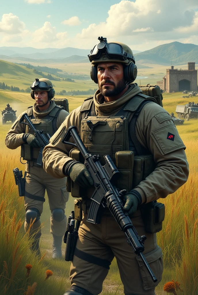 Image réaliste avec a la fois de l agriculture du un peu de jeux vidéo style guerre 