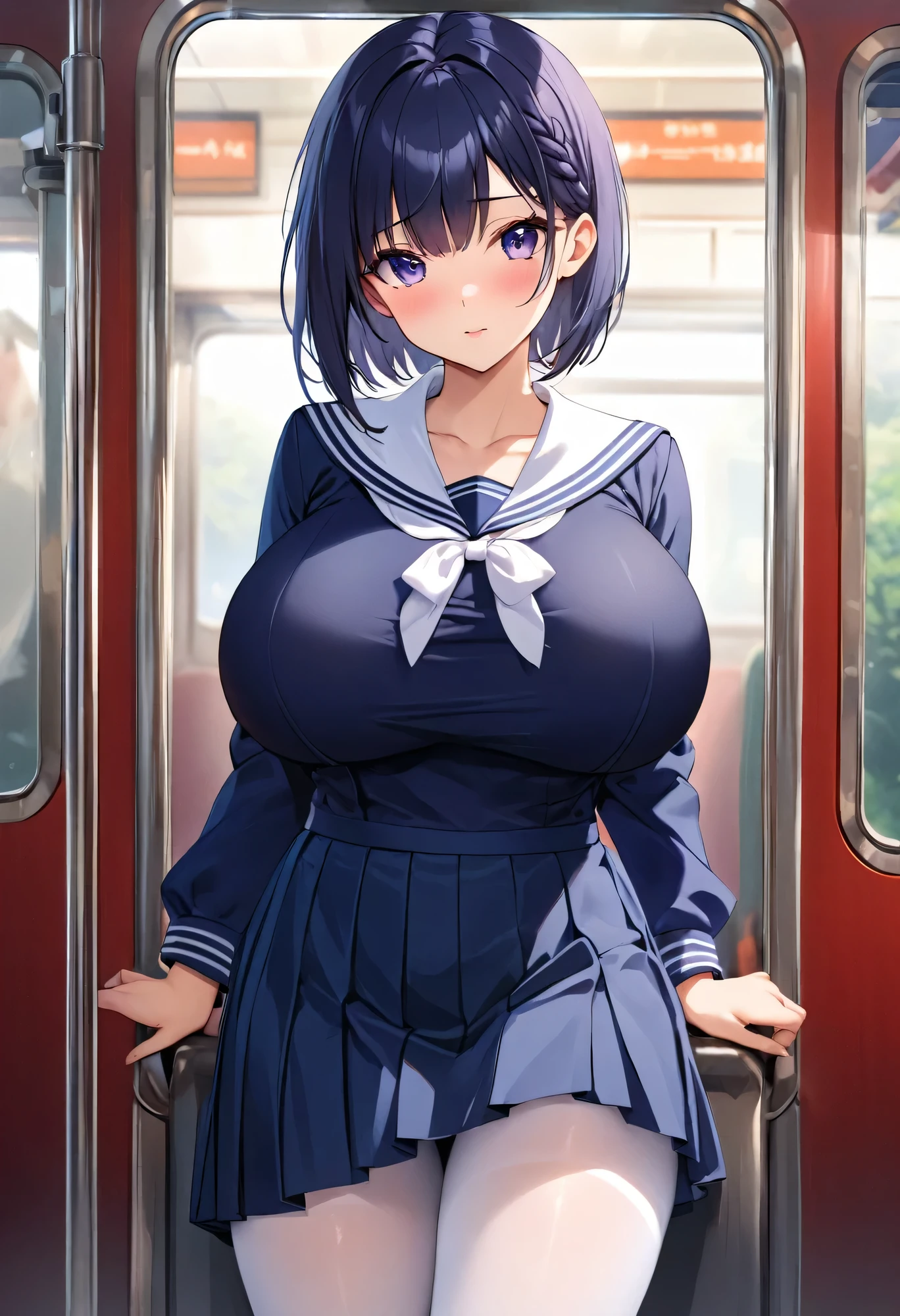 (masterpiece, best quality),
1girl, sitting, blush, embarrassed, seductive smile, light frown,BREAK 18yo,black hair, (high ponytail, medium ponytail), curly hair, (tareme:1.3), (huge breasts:1.2), hanging breasts,(half-closed eyes:1.1),BREAK ((school uniform, serafuku):1.0), (white shirt, white sleeves, short sleeves:1.2), (navy sailor collar), (aqua neckerchief:1.2), sleeve lines, bare arms, (open clothes:1.3), shirt lift, bra lift, nipples, white bra,BREAK (navy skirt), (white socks:1.2), loafers, (skirt lift:1.3), (panty pull:1.3), pussy,BREAK train interior,