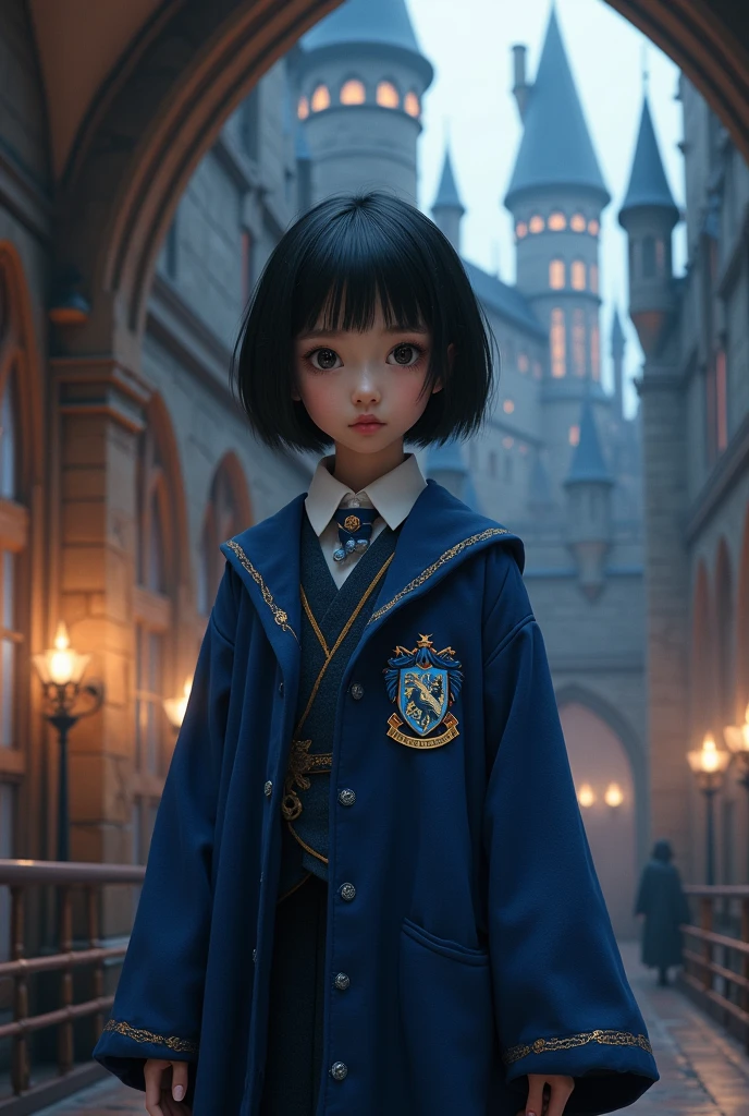  Japanese girl in white test, Black hair with a wolfcut dressed in the Hogwarts Ravenclaw uniform.