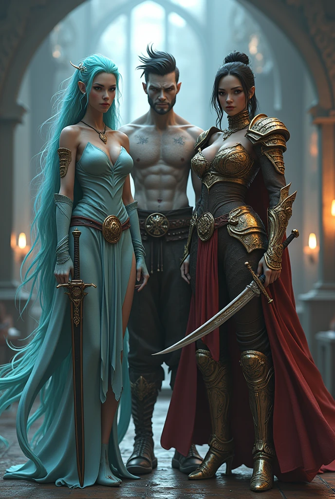 "Create a 3D RPG-style image featuring four distinct characters: Xeipe, a sea elf with oceanic features and an ethereal presence; Vicent, a pale human with spiked black hair, dark brown eyes, and a sword infused with dark energy; Zed, a noble and stoic paladin in golden armor, exuding an aura of justice; and Kabuki, a Tamuranian warrior with a katana and traditional samurai attire, embodying honor and discipline."