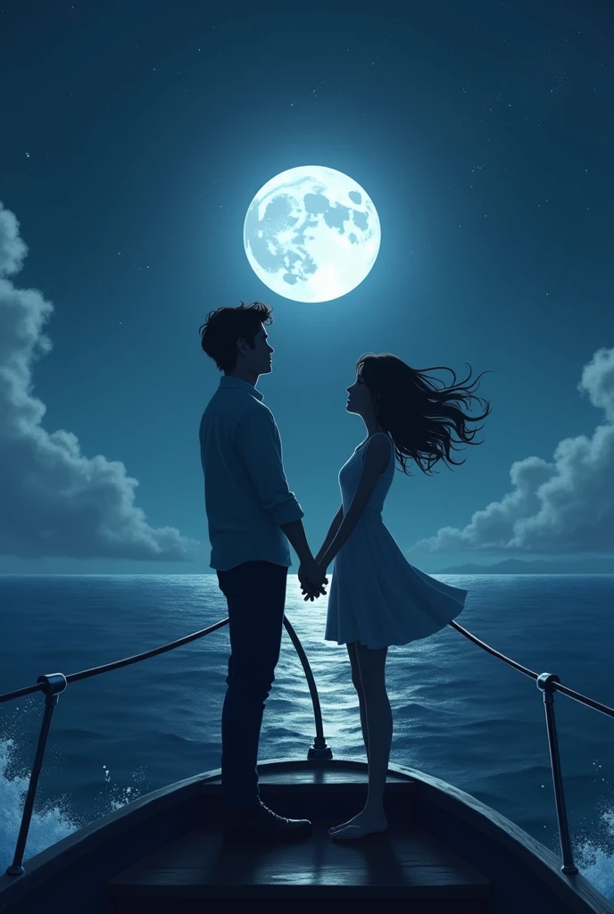 Couple holding hands at the top of the boat, facing the sky with the full moon , wind and waves