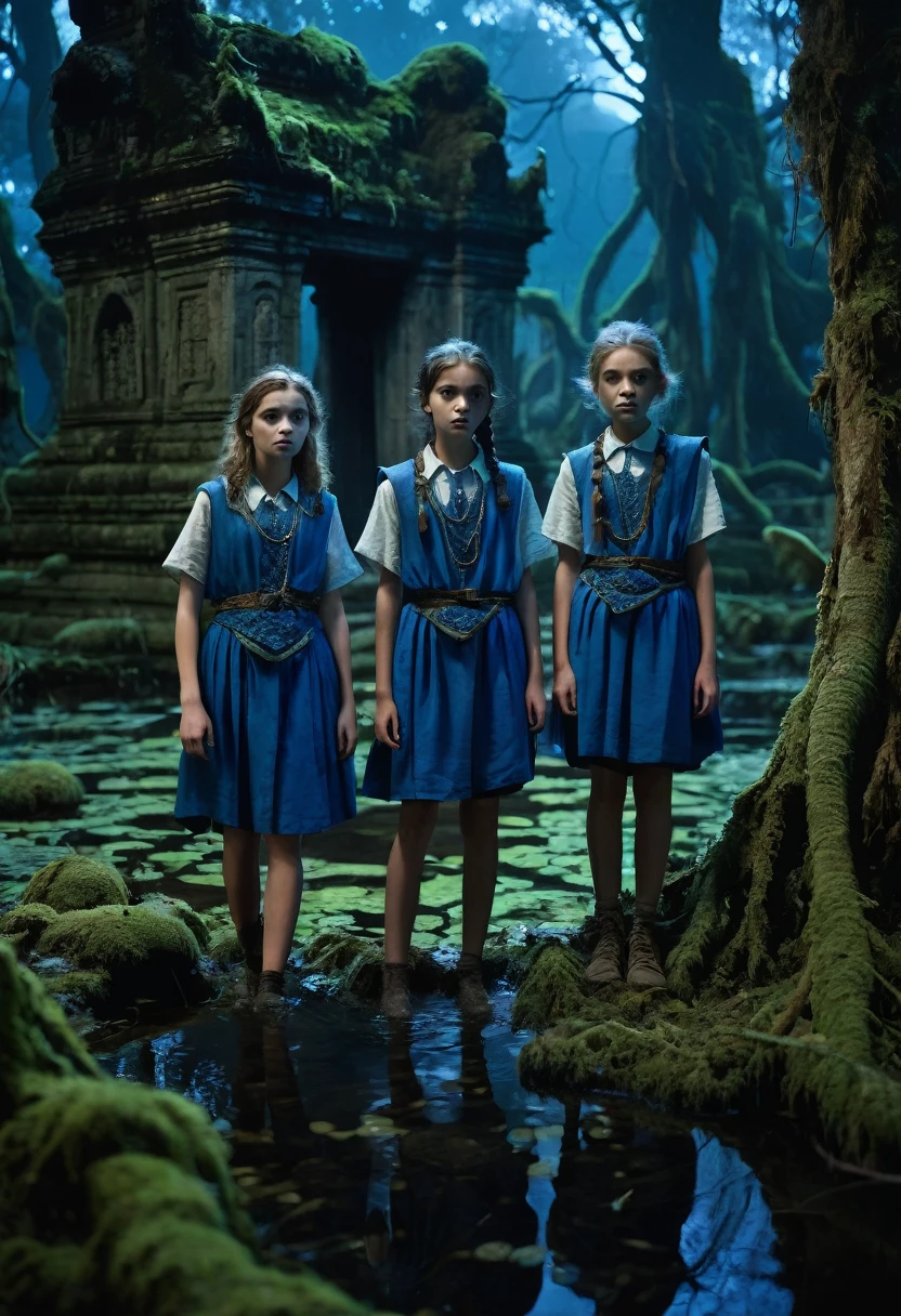 A cinematic medium shot of three teenagers - two girls and a boy - dressed in blue tabards, exploring a swamp at night near an ancient temple. The background is filled with intricate details, including moss-covered stones, twisted trees, and eerie mushrooms. The lighting is cinematic, with rim light backlighting and beautiful faces with piercing eyes.