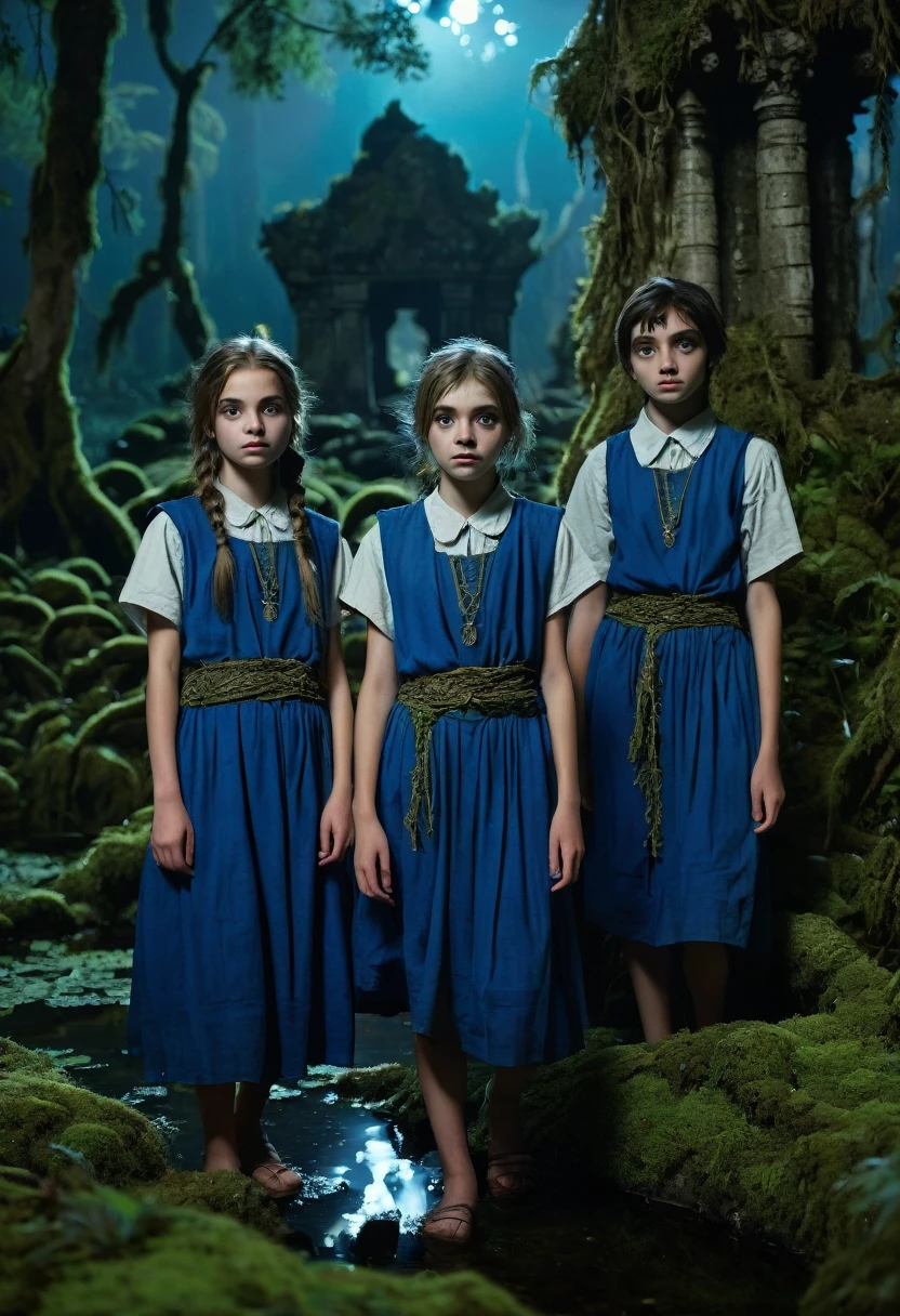 A cinematic medium shot of three agers - two girls and a boy - dressed in blue tabards, exploring a swamp at night near an ancient temple. The background is filled with intricate details, including moss-covered stones, twisted trees, and eerie mushrooms. The lighting is cinematic, with rim light backlighting and beautiful faces with piercing eyes.