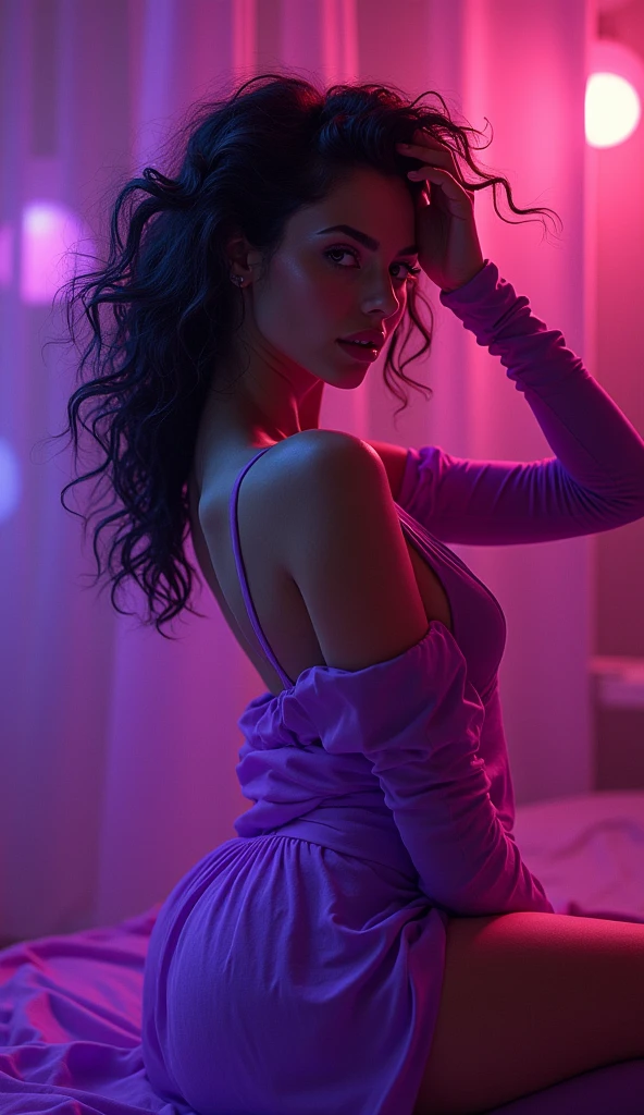 the beautiful woman in purple, in the style of contrasting lights and darks, playful body manipulations, dark pink, whiplash curves, photorealistic compositions, backlit photography, hyper-realistic pop