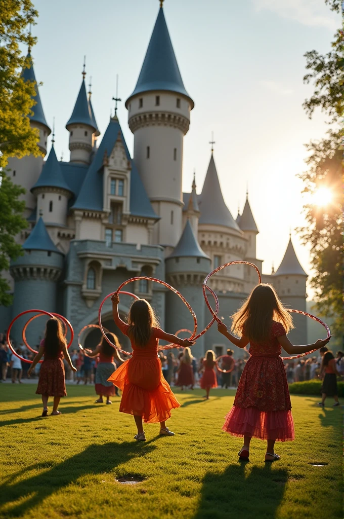 people dancing with hula hoops in front of a castle