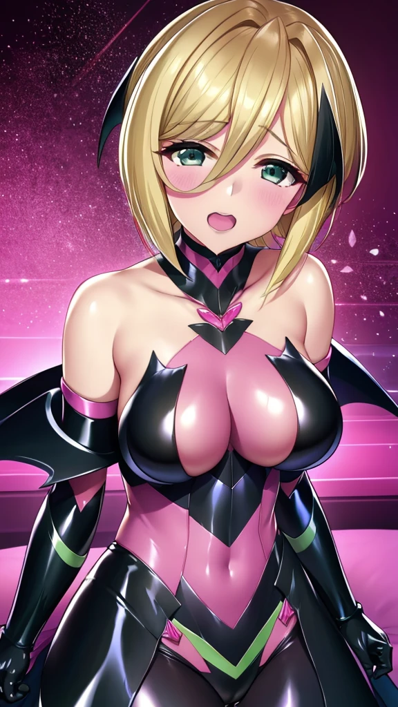 erotic、Symphogear　Cut songs、Small breasts 、Blonde Pixie Cut、mature, Married women, Black shiny latex rubber suit、Off the shoulder、邪evilな女戦隊ヒーロー, Pink and black background, Pitch-dark bedroom, Dark Theme, evil, lure, excited, 邪evilな笑み, Lightly open your mouth