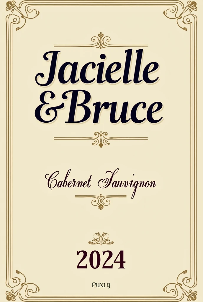 Create a classic and elegant label for Jacielle wine & Bruce 2024 in vector format, suitable for printing. Use traditional and sophisticated typography for the name "Jacielle & Bruce" my name is "2024". The design must reflect the quality and sophistication of Cabernet Sauvignon wine. Use a sober and timeless color palette, like shades of gold, burgundy and cream, to complement the color of the wine.Additional Elements: Include a delicate border or frame and a placeholder for additional winery information or tasting notes., if desired. Make sure your design is created in vector format to ensure quality and accuracy when printed..minimalism, illustration, high resolution, precise, HD Model, high qualiy, super detaill, ultra HD,