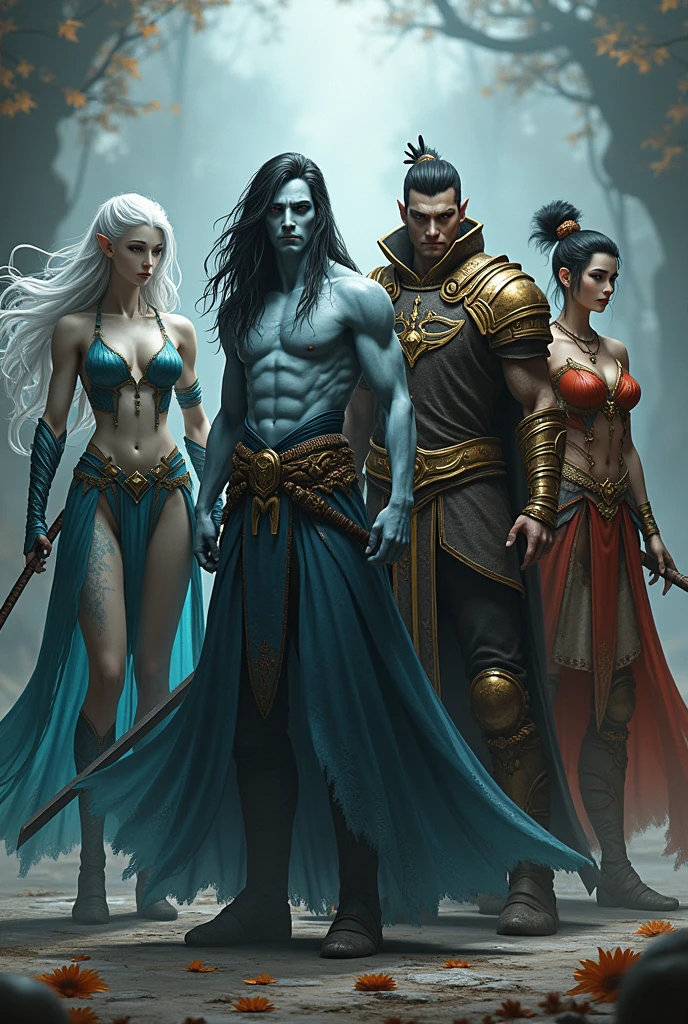 "Create a 3D RPG-style image featuring four distinct characters: Xeipe, a sea elf with oceanic features and an ethereal presence; Vicent, a pale human with spiked black hair, dark brown eyes, and a sword infused with dark energy; Zed, a noble and stoic paladin in golden armor, exuding an aura of justice; and Kabuki, a Tamuranian warrior with a katana and traditional samurai attire, embodying honor and discipline."