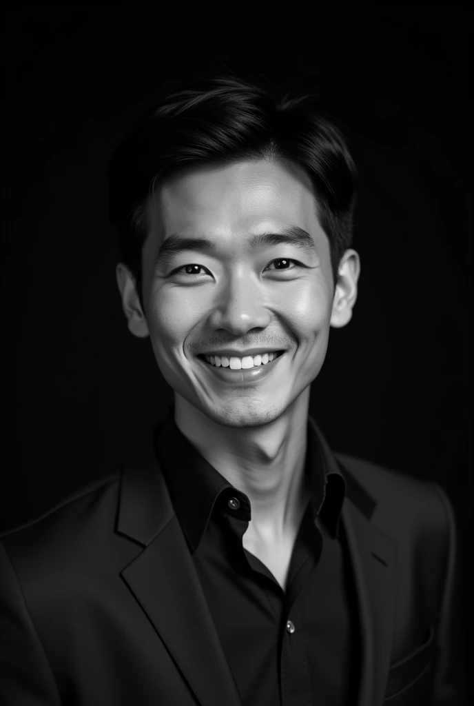 A professional black-and-white portrait of a perfect handsome young asian success man 35 yo, dark hair. wearing modern shirt inblazer. The background is solid black, highlighting her features and creating a sleek, modern look. The lighting is soft and evenly distributed, emphasizing confident and approachable expression.
