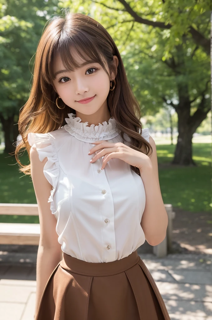 (8k, RAW photo, best quality, masterpiece:1.2), (realistic, photo-realistic:1.4), ultra-detailed, perfect anatomy, perfect limbs, perfect hand, depth of field, wide shot, cute japanese model pictures, Beautiful Face, in a summer park, (brown eyes), (dark blonde loosely curled hair.), She is looking at this way, smiling, She has blunt artificial nails, She is standing shyly in front of the bench, facing me., BREAK, (Ultra micro mini frilled skirt), (White sleeveless blouse), ((cowboy shot)),