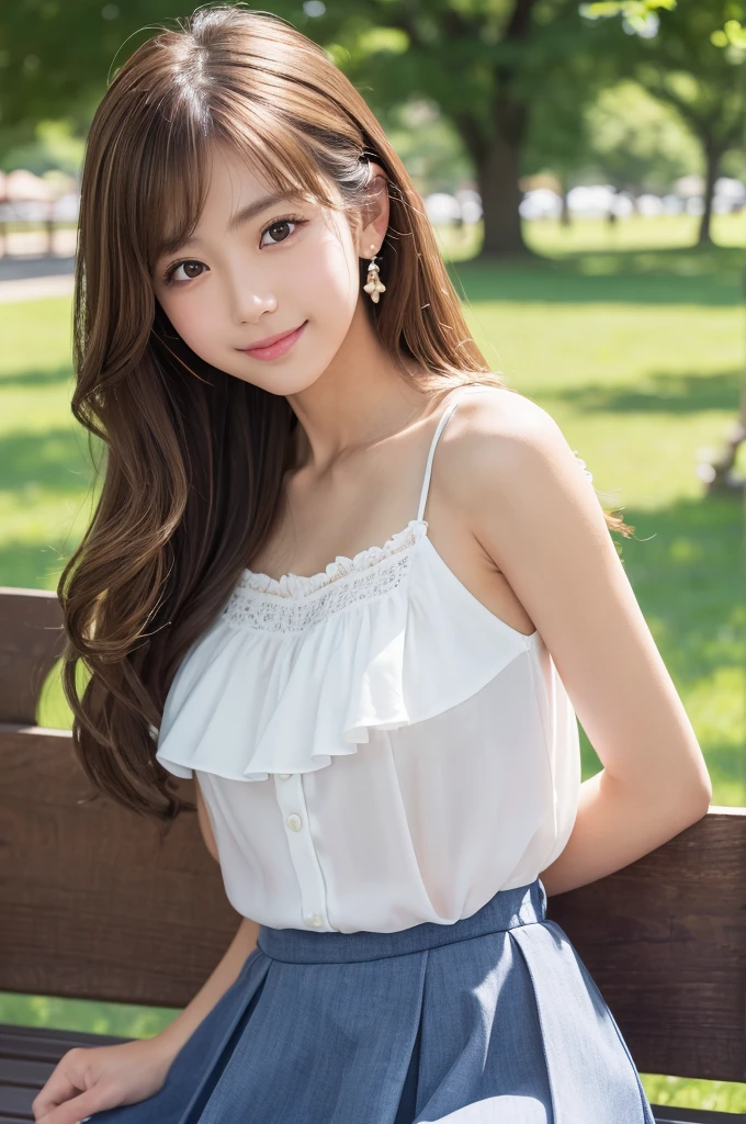 (8k, RAW photo, best quality, masterpiece:1.2), (realistic, photo-realistic:1.4), ultra-detailed, perfect anatomy, perfect limbs, perfect hand, depth of field, wide shot, cute japanese model pictures, Beautiful Face, in a summer park, (brown eyes), (dark blonde loosely curled hair.), She is looking at this way, smiling, She has blunt artificial nails, She is standing shyly in front of the bench, facing me., BREAK, (Ultra micro mini frilled skirt), (White sleeveless blouse), ((cowboy shot)),