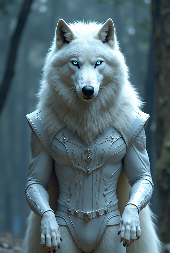A big white wolf wearing platinum suite and the color of eye is Blue