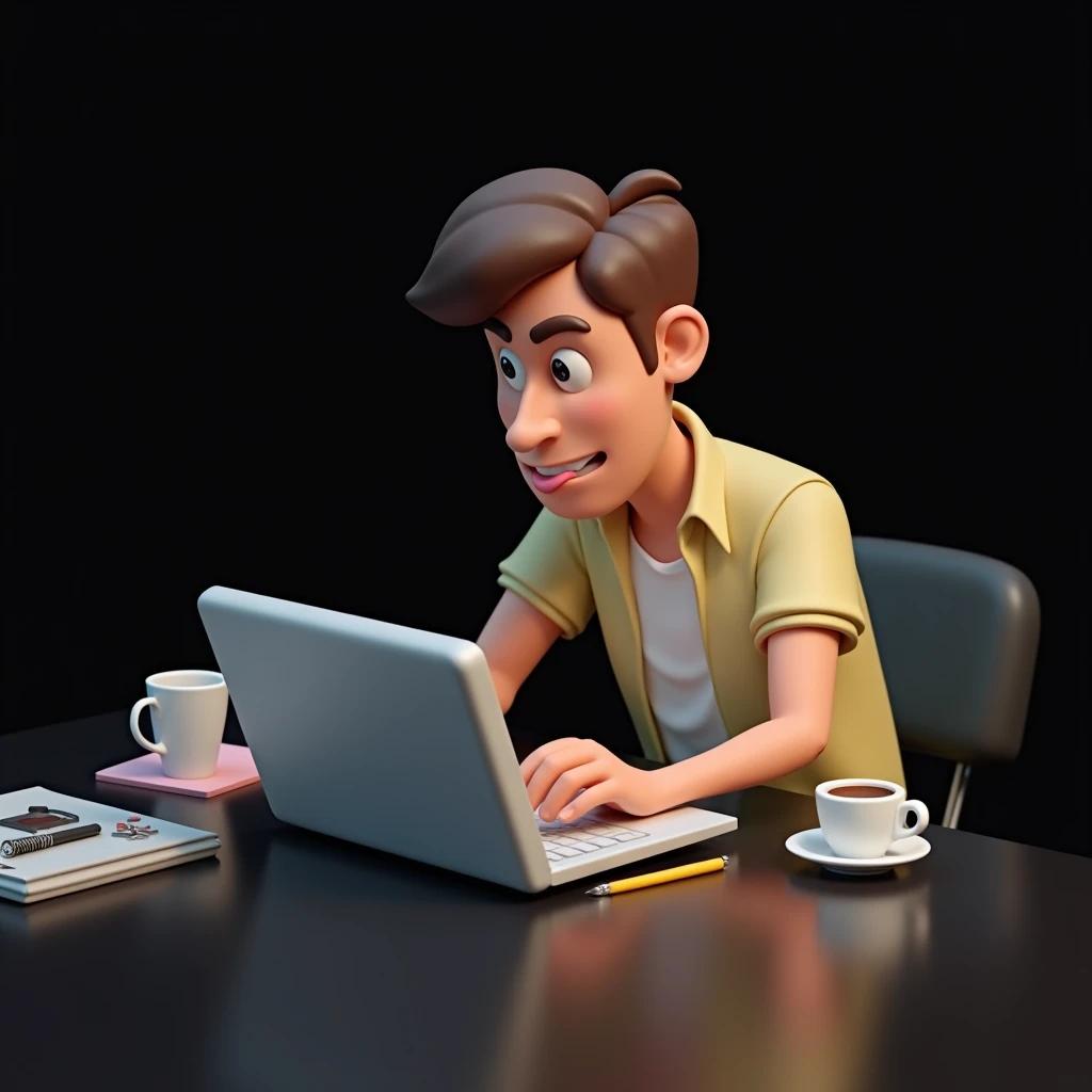 isometric design, dynamic angle, a 3D cartoon of a man working before a laptop , pen on his ear, coffee beside his laptop , biting on his tongue , minimal , uniform black background,