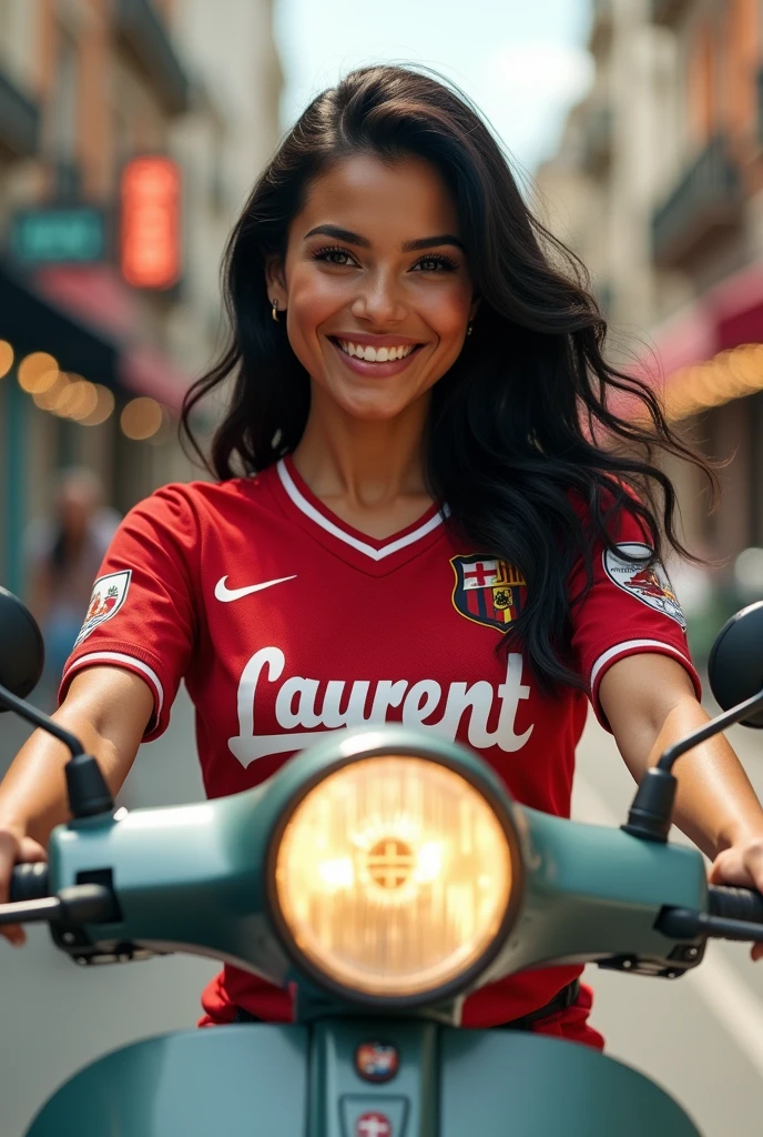 beautiful latina smile on a scooter with a jersey with "laurent" flocking