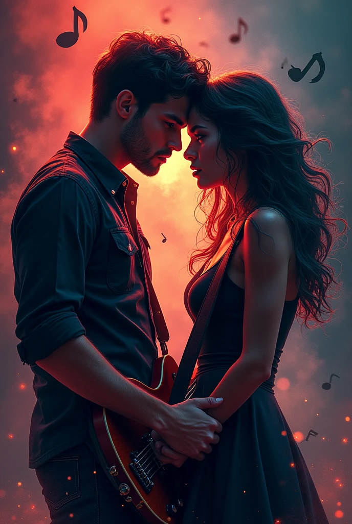 Create book cover with title "The rhythm of our heart" Author "Valery Oro" romance theme, duo musical de rock, dark colors musical notes