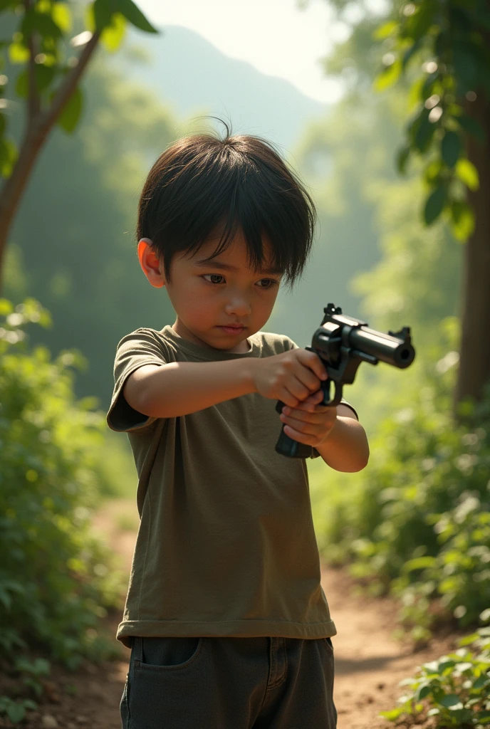 A child training to hold a revolver in a garden in the middle of nowhere