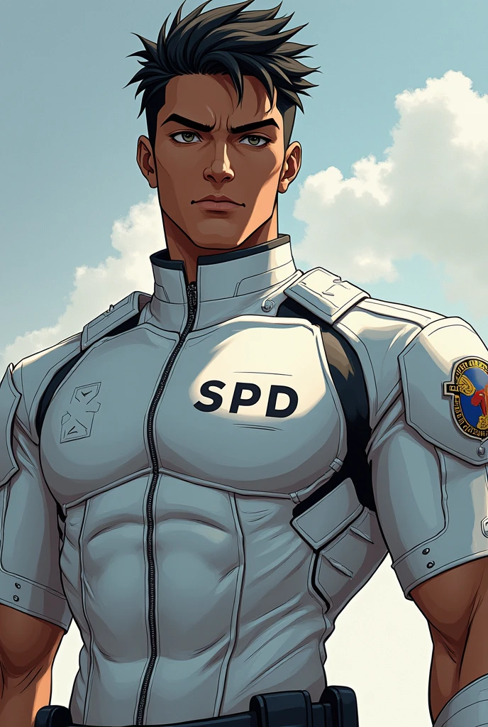 A 1 dark-skinned young man,with light Swat uniform only instead of saying SWAT it says SPD but anime style