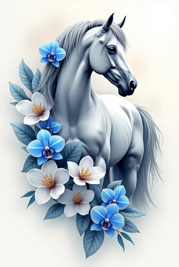 I want a unique and exclusive tattoo drawing, It should be a horse with a grey or white coat that has fuchsia-blue orchid flowers and white gardenia flowers around it.