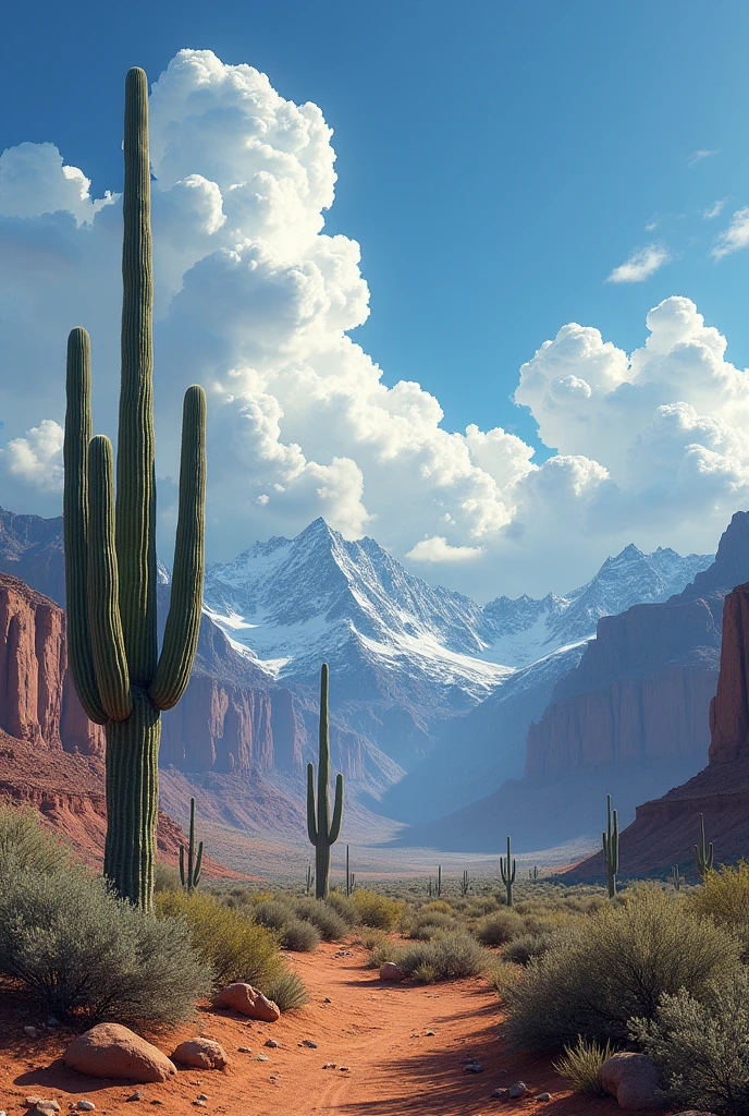 Western image of the desert with cactus and big mountains. the sky must be blue with cumulonimbus clouds