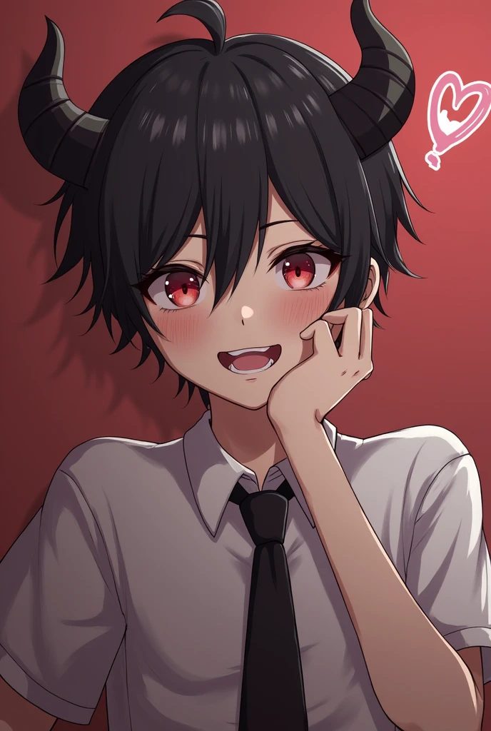 demonic souls, child, shotacon, pose sexy, horns, Red eyes, for white, cheered up, portrait, Ahegao, masculine, toothy smile.