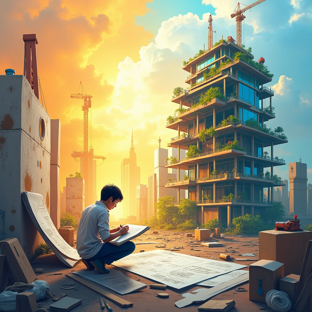 A person sketching or laying the foundation of a building that gradually transforms into a vibrant, thriving structure. The scene blends the initial rough plans with the final, fully realized vision, symbolizing how working on your dreams shapes who you become. The background should be a mix of imagination and reality, with bright, uplifting tones that evoke growth and transformation.