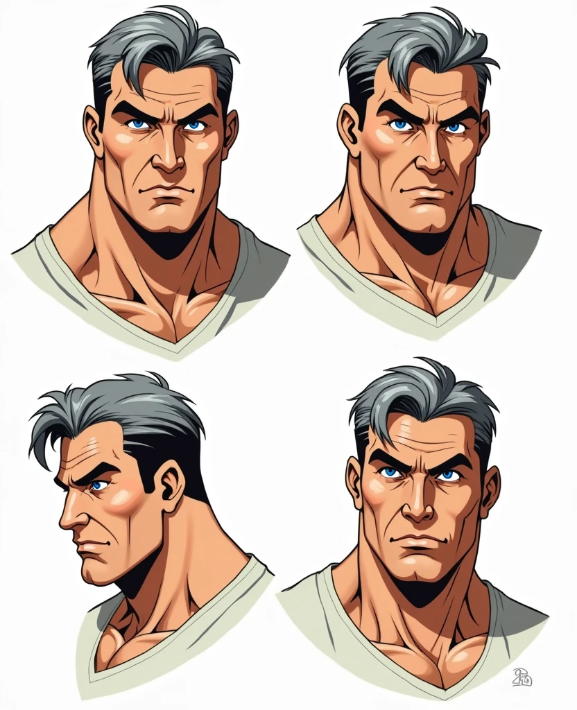 Character of an adult male named John Smith. He has fair skin with a few freckles, short gray hair slicked back with hints of brown, and intense blue eyes with a watchful expression. His build is stocky and muscular. The style should mix 1980s comic book art with 1980s anime, Different angles, character sheet, white background --3:2 aspect ratio, character poses, character expression