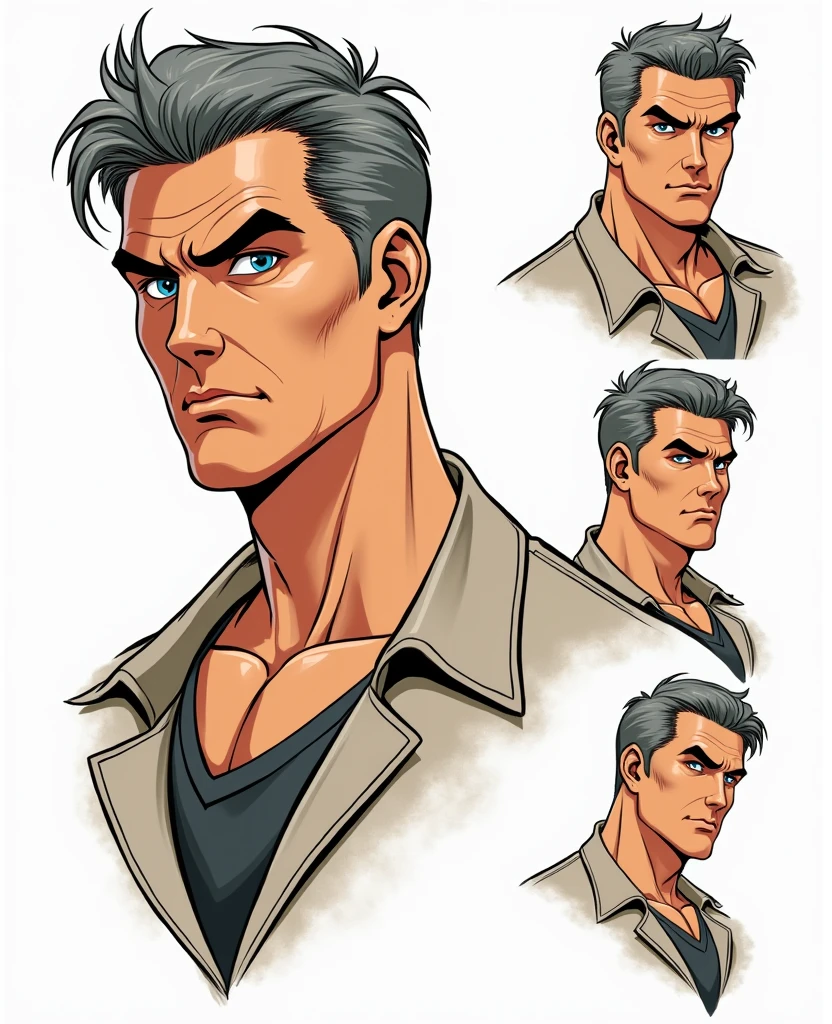 Character of an adult male named John Smith. He has fair skin with a few freckles, short gray hair slicked back with hints of brown, and intense blue eyes with a watchful expression. His build is stocky and muscular. The style should mix 1980s comic book art with 1980s anime, Different angles, character sheet, white background --3:2 aspect ratio, character poses, character expression 