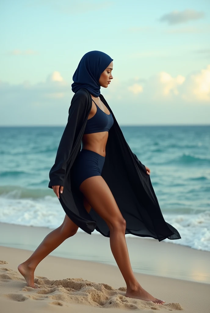 Navy blue headscarf on the beach, black long closed coat, barefoot, Sexy skinny woman doing sports with her male instructor. 