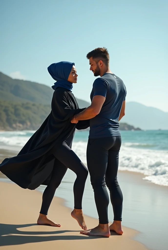 Navy blue headscarf on the beach, black long closed coat, barefoot, Sexy skinny woman doing sports with her male instructor.