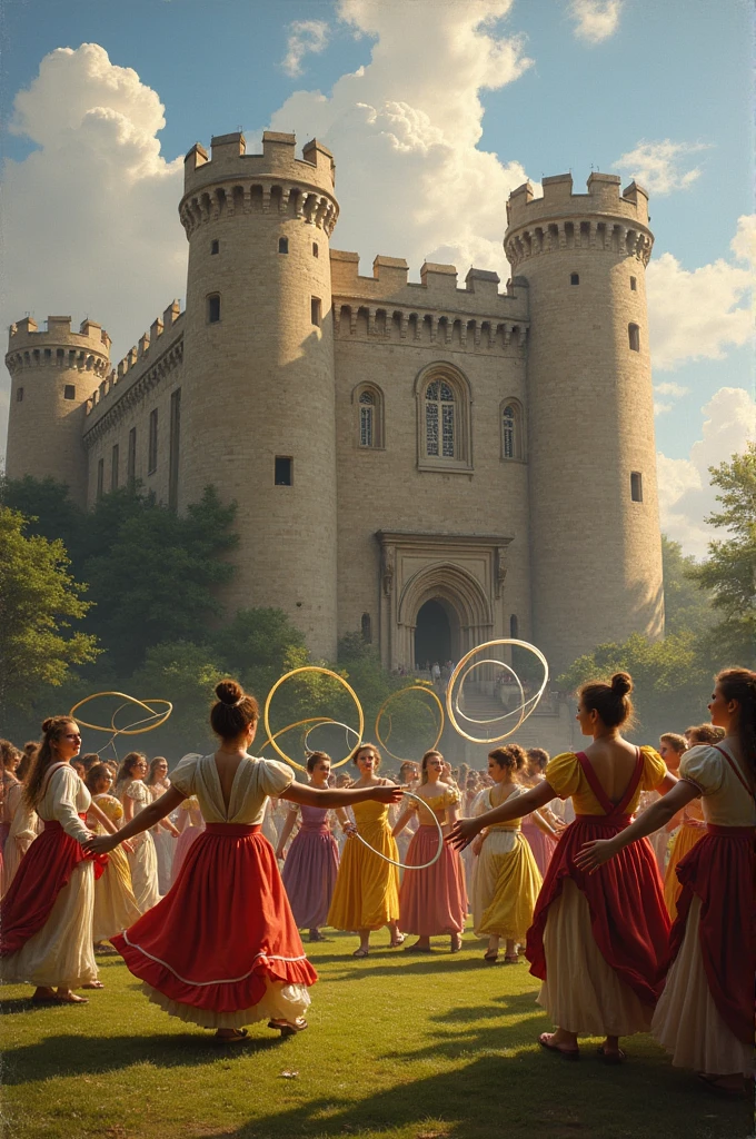 people dancing with hula hoops in front of a castle in the 19th century