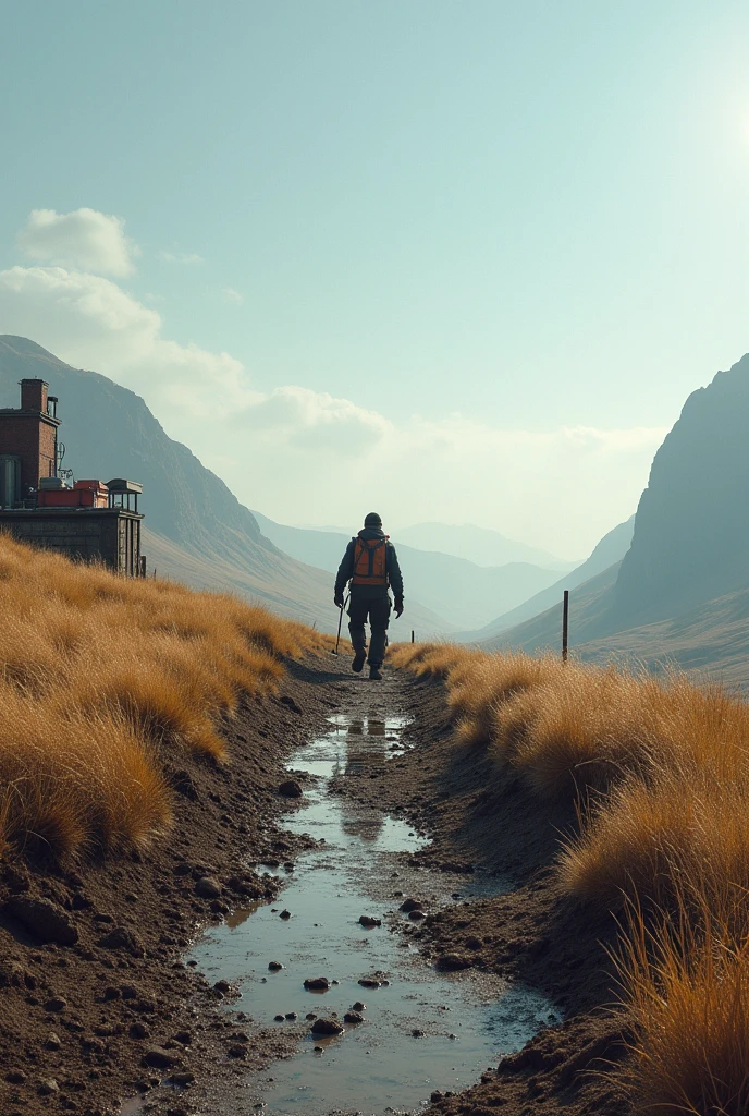 Man walking down mud slope, far away, in the center, left side has self made mine, in the plains, eastern island