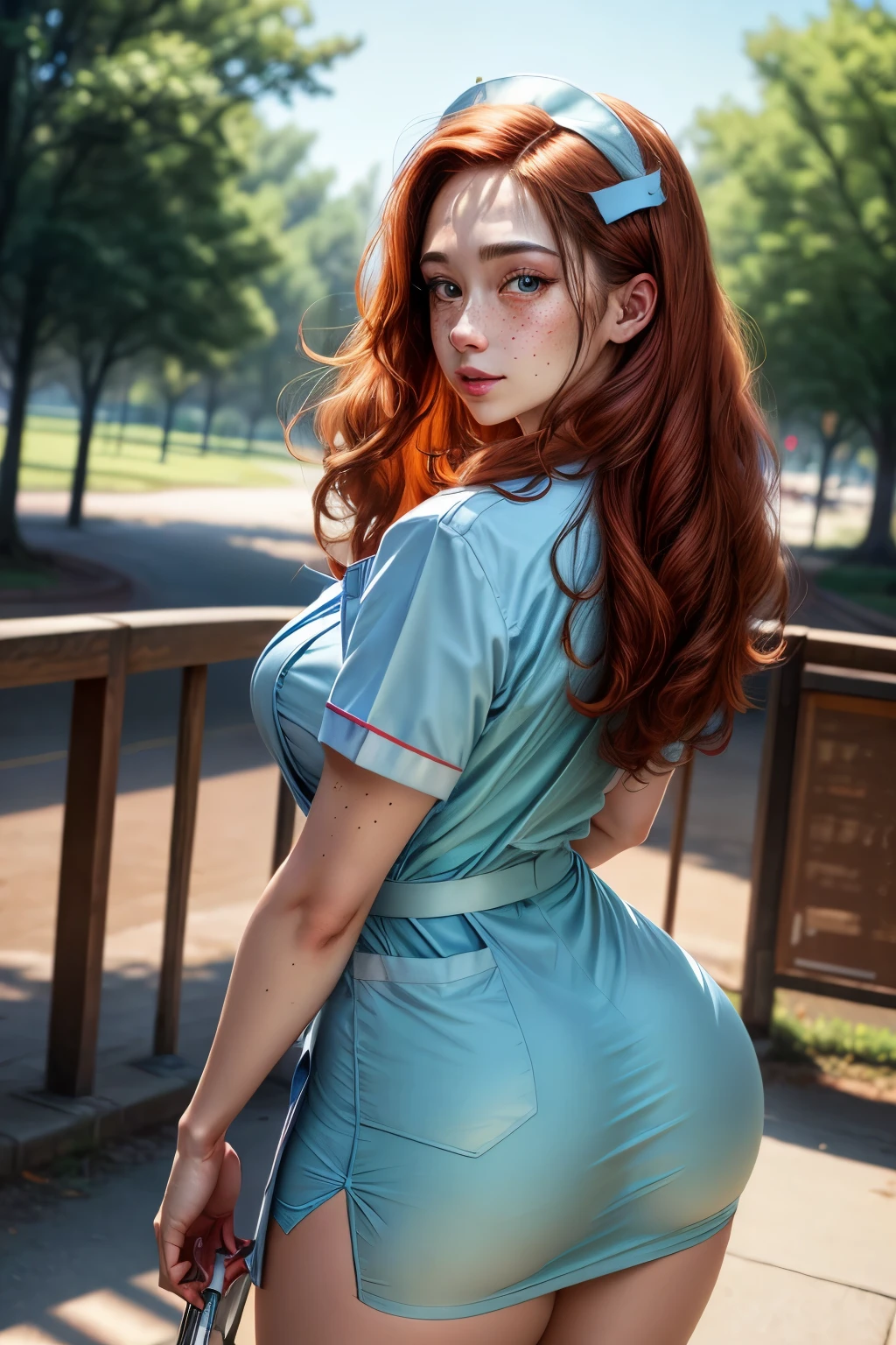 a one woman, long straight red hair, of the whole glass, perfectbody, Curvy Body, rear view, muslos grandes, blue colored eyes, ( Nurse uniform), freckles on the face, face detailed, standing, in a park, ray tracing, high resolution, super detaill, 8k, Overview
