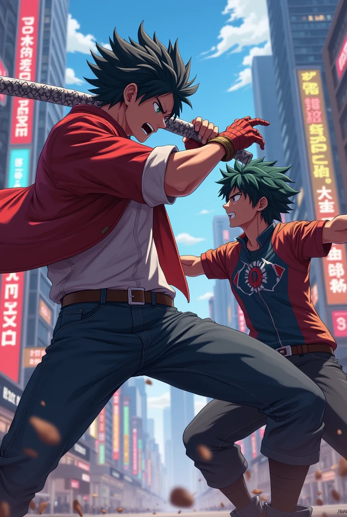 Mrbeast with a anime katana and hes slicing deku from my hero academia