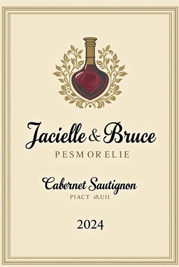 Create a classic and elegant label for Jacielle wine & Bruce 2024 in vector format, suitable for printing. Use traditional and sophisticated typography for the name "Jacielle & Bruce" my name is "2024". The design must reflect the quality and sophistication of Cabernet Sauvignon wine. Use a sober and timeless color palette, like shades of gold, burgundy and cream, to complement the color of the wine.Additional Elements: Include a delicate border or frame and a placeholder for additional winery information or tasting notes., if desired. Make sure your design is created in vector format to ensure quality and accuracy when printed..minimalism, illustration, high resolution, precise, HD Model, high qualiy, super detaill, ultra HD, 